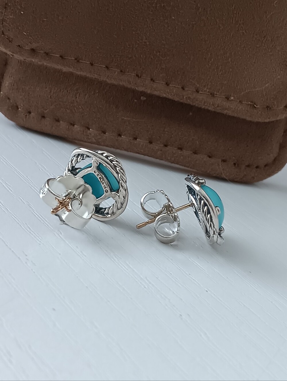 David Yurman Sterling Silver Turquoise Infinity Vintage Push Back Stud Earrings - Picture 3 of 5